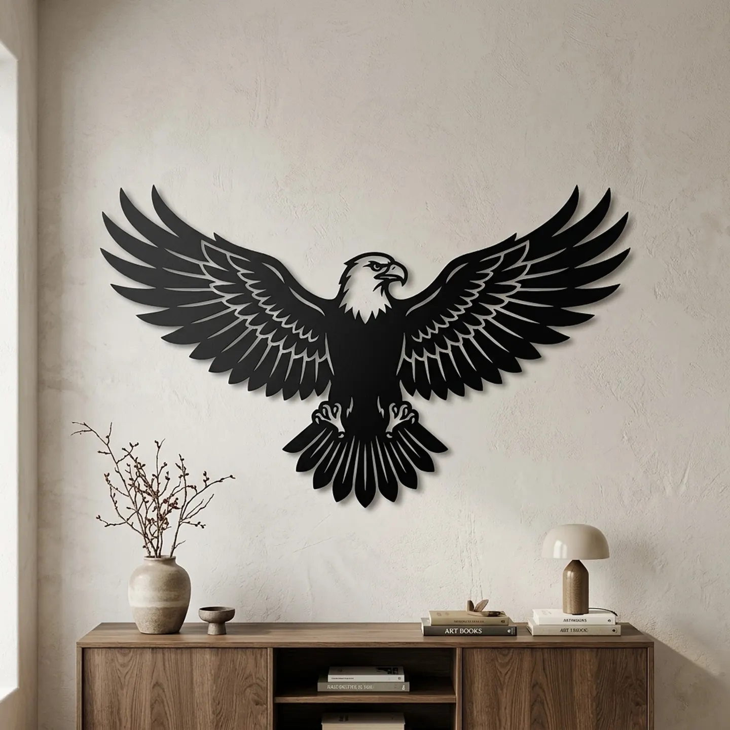 Eagle with spread wings in black steel above a console