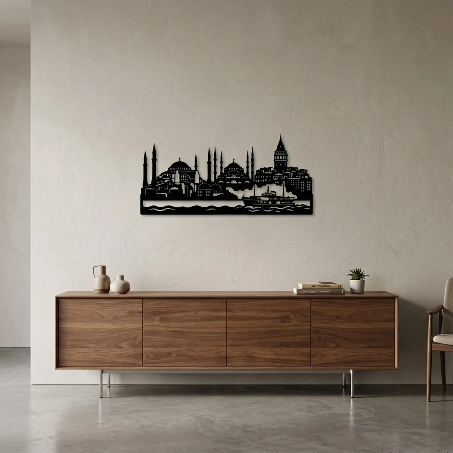 Istanbul skyline steel wall art above a walnut sideboard