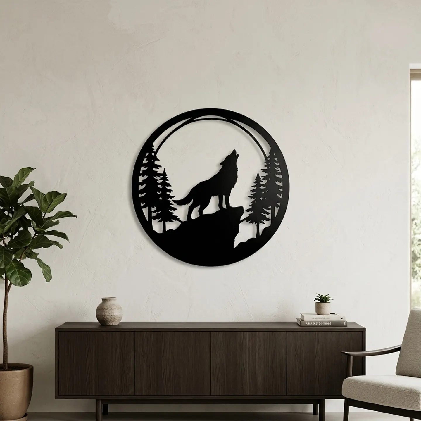 Round howling wolf steel wall art above a dark sideboard